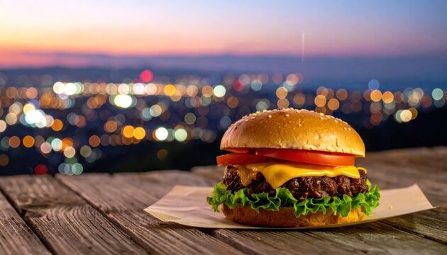 Delicious burger with cheese, tomato, and lettuce against a city backdrop.