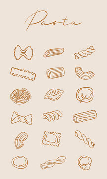 Italian pasta types doodle icon set. Hand-drawn linear symbols: farfalle, penne, fusilli, macaroni, ravioli, spaghetti nest, and conchiglie. Minimalist vector for restaurant menu and food packaging.