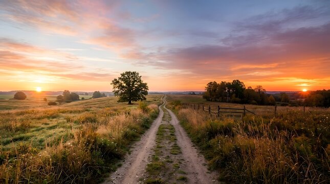 A peaceful dirt road leading through a golden meadow under a vibrant sunset sky with soft clouds and trees