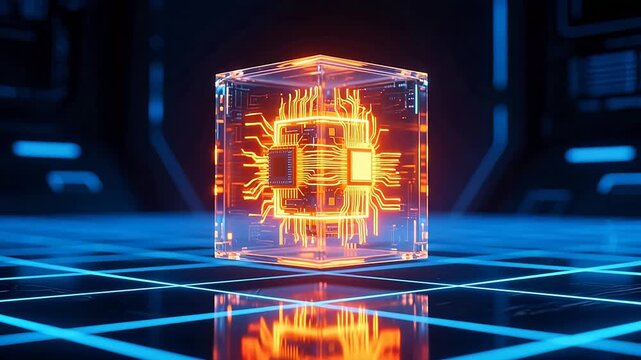 Glowing orange chip in floating cube