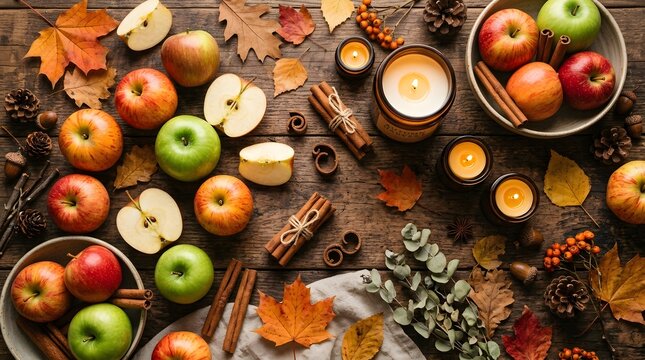 Top view of fresh apples and autumn leaves with a lit candle on a rustic wooden table background