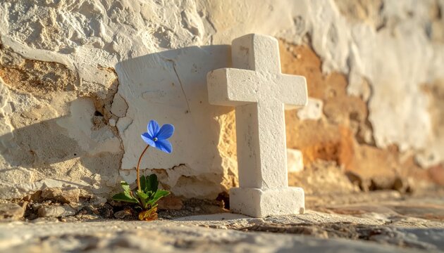 Stone Cross and Blue Flower - A Symbol of Faith and Hope.