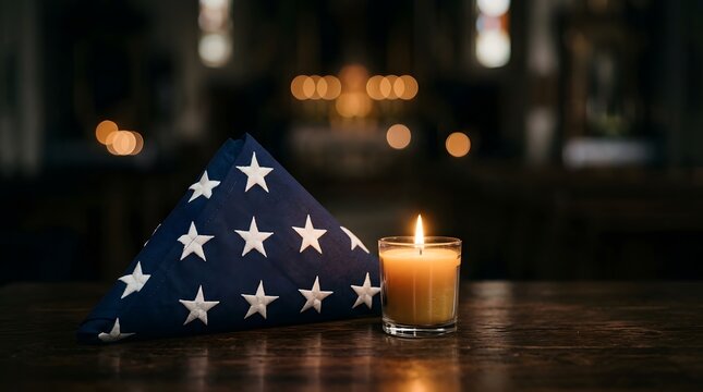 A folded american flag resting on a wooden surface next to a glowing candle in a dark room