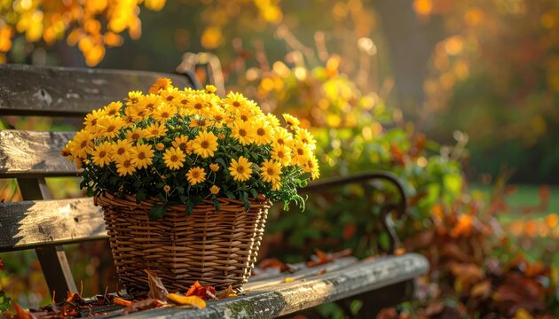 Autumns Golden Embrace - Chrysanthemums on a Weathered Bench.