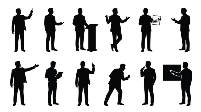 Business presentation silhouettes, male speakers and corporate leaders for professional conference, training seminar or trade show. Public speaking, mentor and executive figures with charts for growt