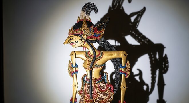 Ornate Wayang Kulit Puppet and Dramatic Shadow Silhouette