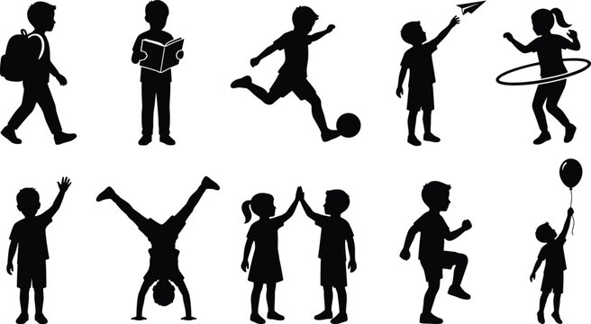 Children Silhouette Collection Featuring Reading Walking Playing Sports Friendship and Fun Activity Vector Set on White Background