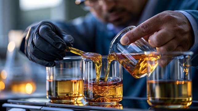 Close up of researchers' gloved hands blending high viscosity polymer mixtures in glass vessels demonstrating precise manual technique in a bright polymerization laboratory