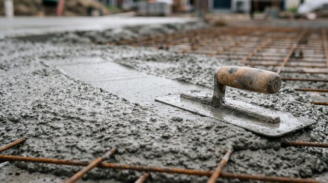 Metal trowel smoothing fresh wet concrete on a construction site during a building project