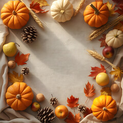 Fototapeta premium Thanksgiving Harvest Frame with Pumpkins Autumn Leaves and Wheat