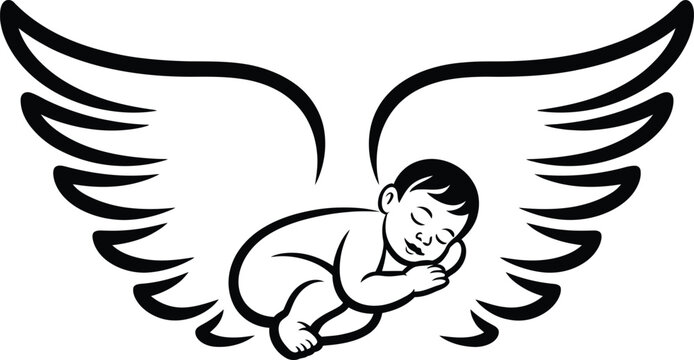 Sleeping baby angel with large feathered wings in a black and white line art graphic sleeping illustration spiritual religious guardian silhouette minimalist monochrome celestial innocent