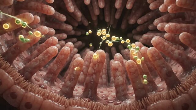 Microscopic animation of nutrient absorption in human intestinal villi