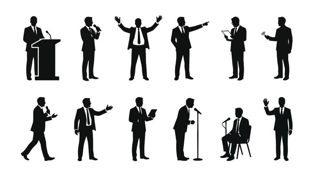 Public speaker silhouette, business man and presentation with podium for conference, seminar or keynote event. Professional person, speech and microphone with corporate lecture and workshop talk.