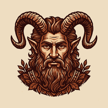 Brown woodcut style bearded man with ram horns.