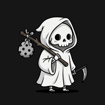 Cartoon grim reaper holding scythe and bindle stick.