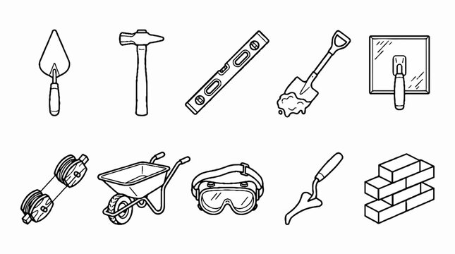 A collection of hand drawn construction and masonry tools and equipment.