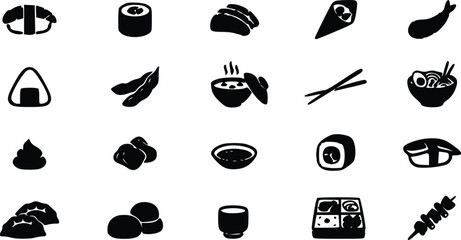 Set of black sushi and japanese food icons featuring rolls maki ramen soup chopsticks and traditional snacks © Arun