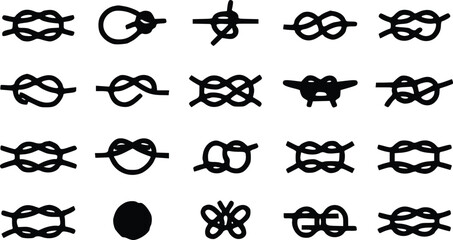Collection of various black nautical rope knots and ties illustrated as a set of flat icons for sailing and craft design © Arun