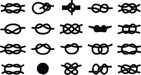 Set of black rope knots and rope loops icons for sailing and outdoor activities showing various tying techniques © Arun