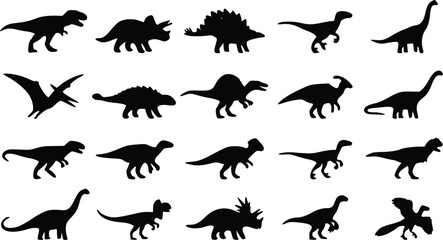 Collection of various dinosaur silhouettes in black ink style showing many different prehistoric animal species and shapes © Arun
