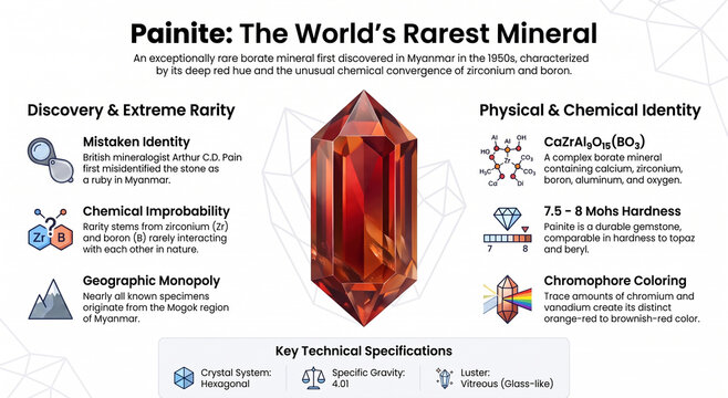 Educational infographic exploring painite, its crystal structure, discovery, composition, rarity, geology and gemological properties.