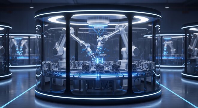Robotic arms inside futuristic pods