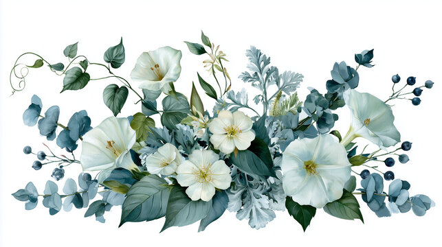 Elegant Watercolor Floral Arrangement of White Bindweed Flowers, Eucalyptus Leaves, and Dark Berries on White Background, Delicate Botanical Illustration for Spring and Summer Design Elements,