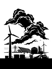 Obraz premium Renewable Energy and Industrial Pollution Silhouette Illustration