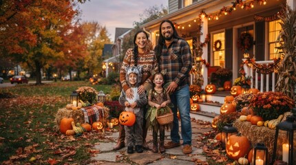 Naklejka premium Happy family in Halloween costumes celebrating autumn outside decorated house