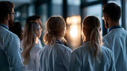 Obraz premium Rear view of a medical team collaborating in physician nursing and laboratory research and development in a bright clinical setting faces turned away healthcare medical team