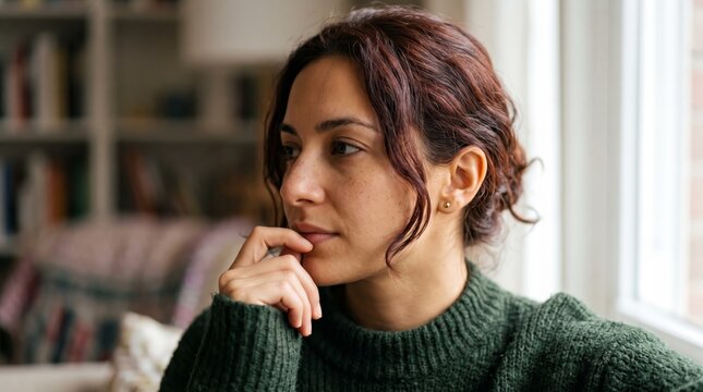 Pensive woman leaning hand on chin looking thoughtfully indoor portrait near window