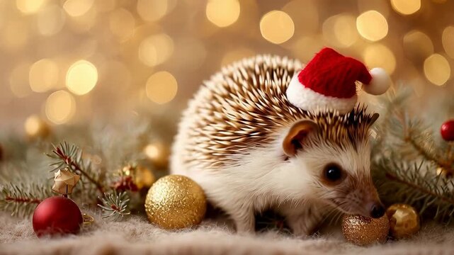 Festive hedgehog exploring christmas decor with cheerful santa hat