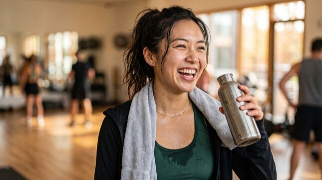 Happy Asian woman drinking water from bottle after workout in gym studio with towel around neck