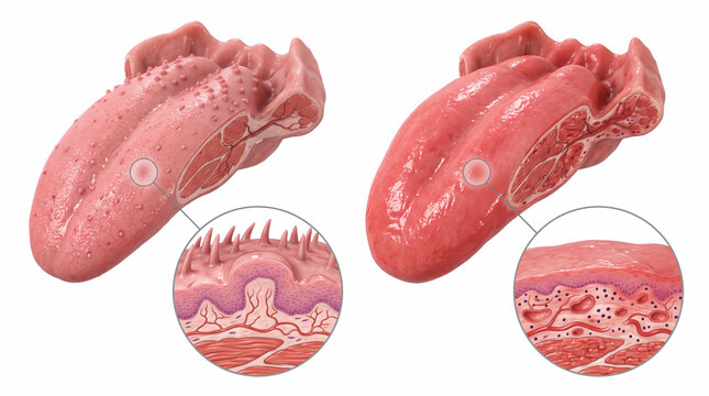 Healthy Tongue vs Glossitis Medical Comparison with Magnified Surface Detail