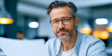 Fototapeta premium Close-up portrait of a middle-aged financial analyst with glasses and gray beard reviewing a documented knowledge transfer plan, softly lit office bokeh behind him with quiet charm.