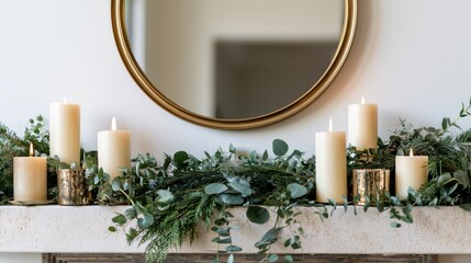 Obraz premium Elegant fireplace mantel decorated with pillar candles and lush green garland