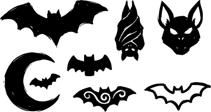 Set of various halloween bat silhouettes on transparent background for spooky designs