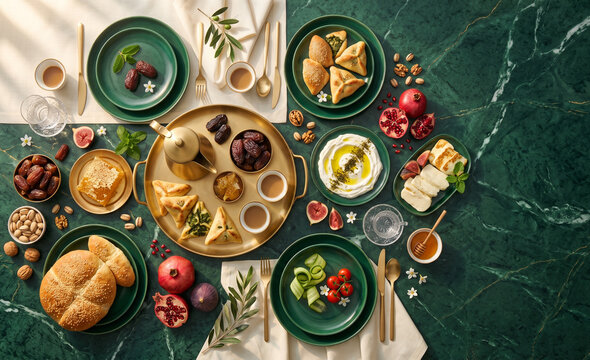 Luxury Gulf Breakfast with Arabic Coffee, Ajwa Dates and Honeycomb on Emerald Marble &ndash; Premium Flat Lay