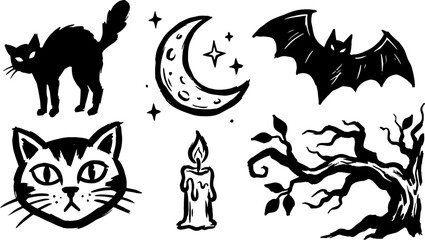 Halloween holiday design elements featuring black cats moon phases and night trees