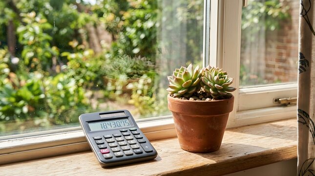 Sustainable back to school preparations featuring a digital calculator and succulent on windowsill