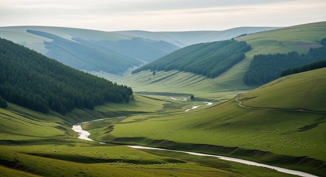 Rolling hills and river landscape