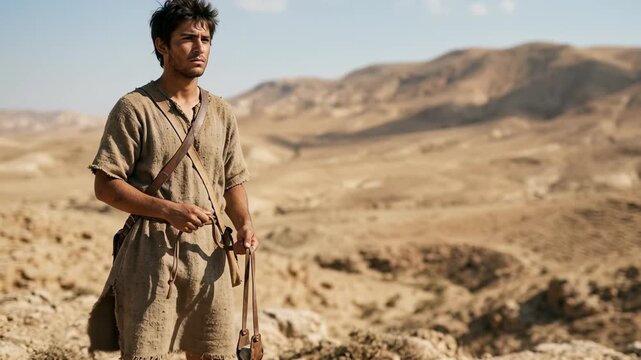 young biblical david stands bravely in a rocky desert landscape holding his leather sling preparing to face the giant goliath demonstrating faith courage and strength in the ancient old testament