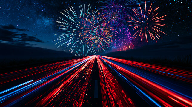  long straight empty modern highway with dramatic red and blue traffic light streaks