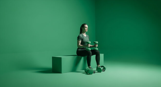 Woman Sitting on Bench Holding Dumbbells for Workout