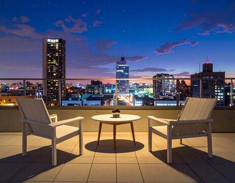 Rooftop terrace cityscape scene evening
