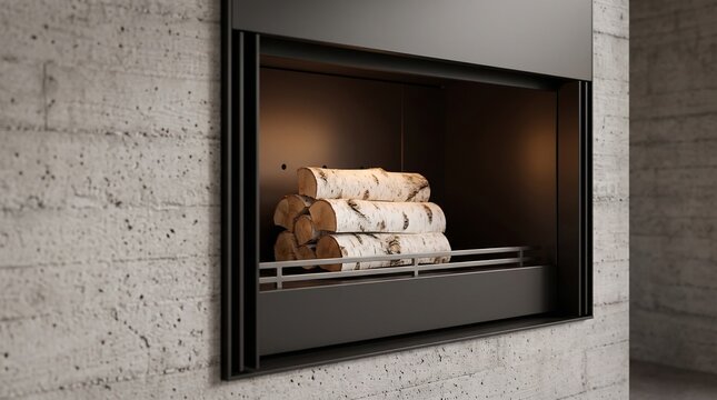 Fireplace with Birch Logs in Modern Concrete Interior