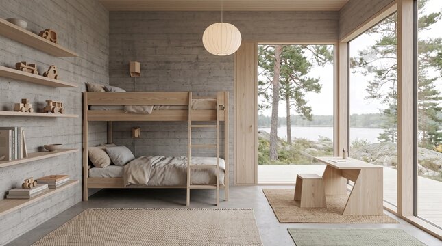 Modern Scandinavian Kids Bedroom with Lake View and Bunk Beds