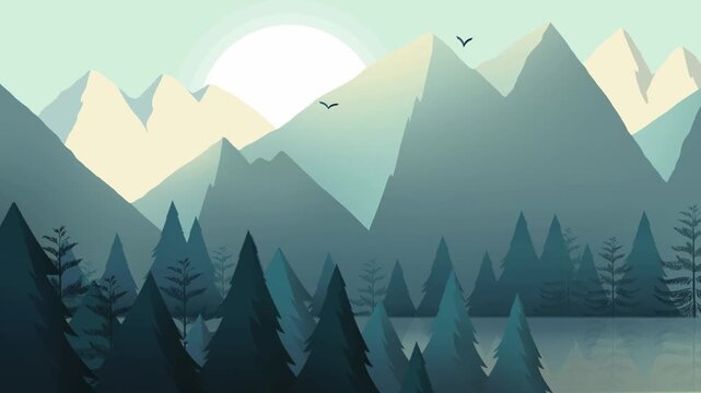 Minimalist mountain landscape sunrise animation with forest with rising sun