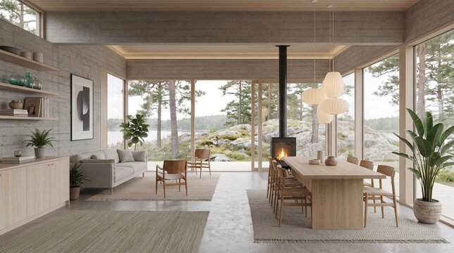 Scandinavian Open Concept Living Room with Lake View
