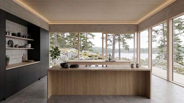 Modern Kitchen with Panoramic Lake View and Natural Light
